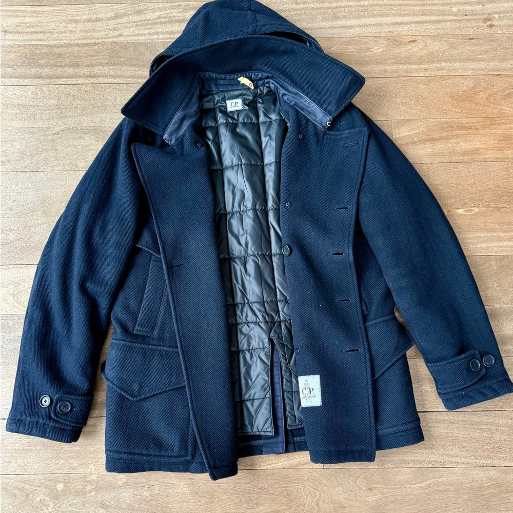 C.P. Company Navy Wool-Blend
Detachable-Hood Quilted Pea Coat - Picture 8 of 15